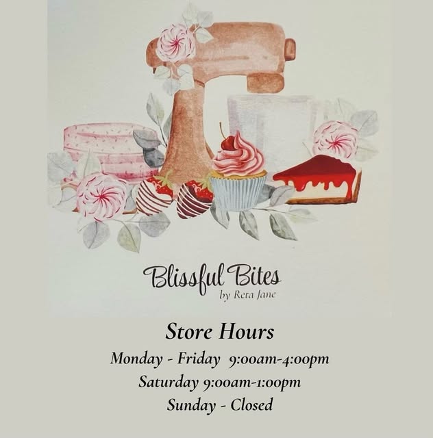 Blissful Bites by Reta Jane logo: a watercolor stand mixer with a cupcake, cheesecake, macarons and chocolate-dipped strawberries, above the shop's name in script.